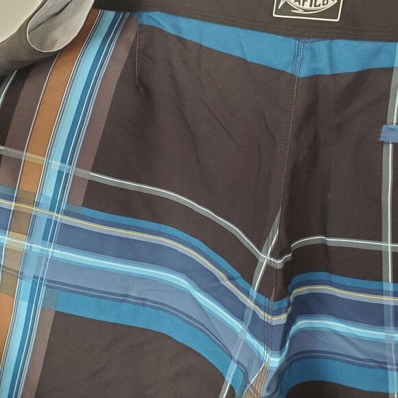 Aftco Bluewater Board Shorts Mens 42 Blue Brown‎ Plaid Beach Zippered Pockets - Picture 16 of 16